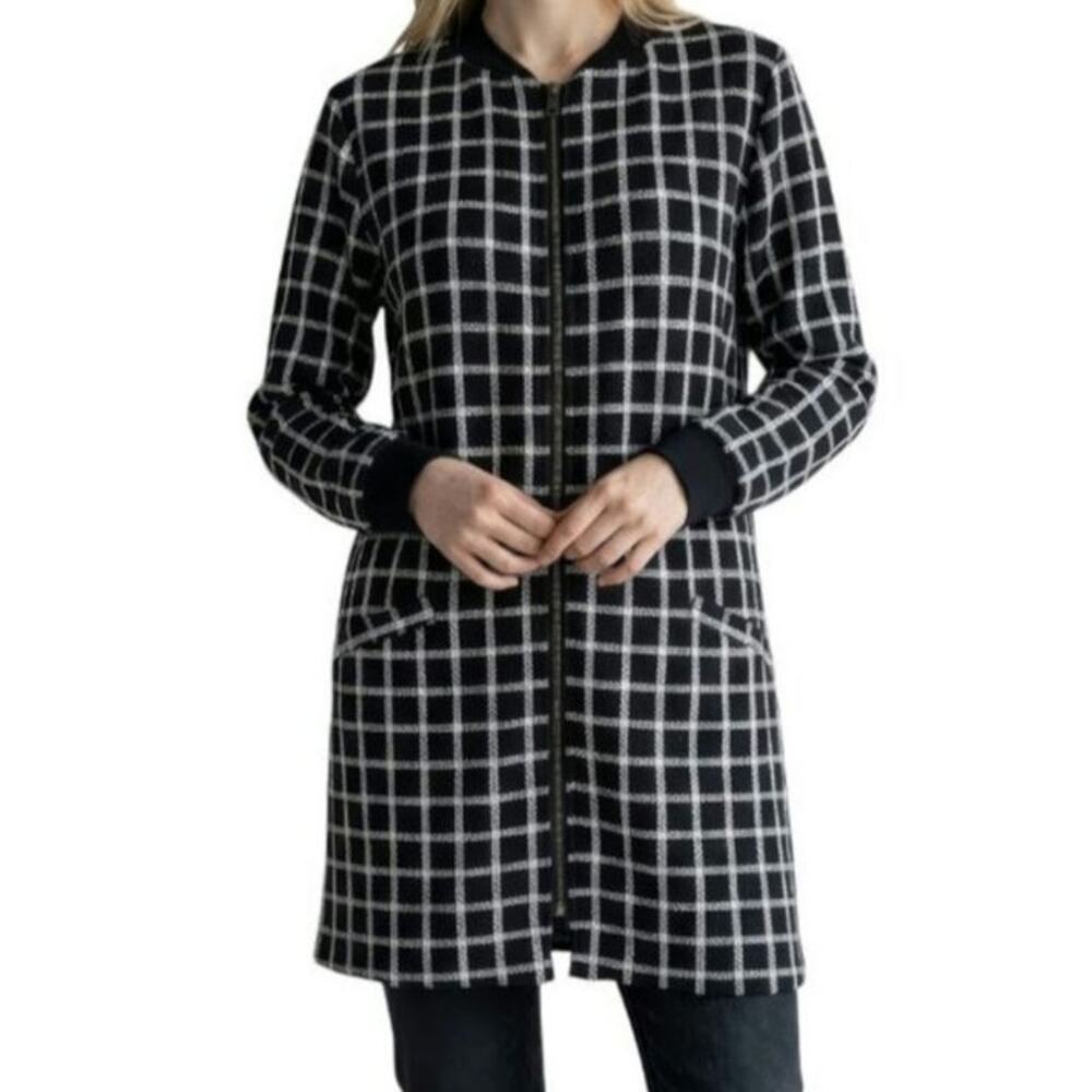 Sanctuary Black White Windowpane Grid Longline Bomber Jacket Coat L Bomber, Mod